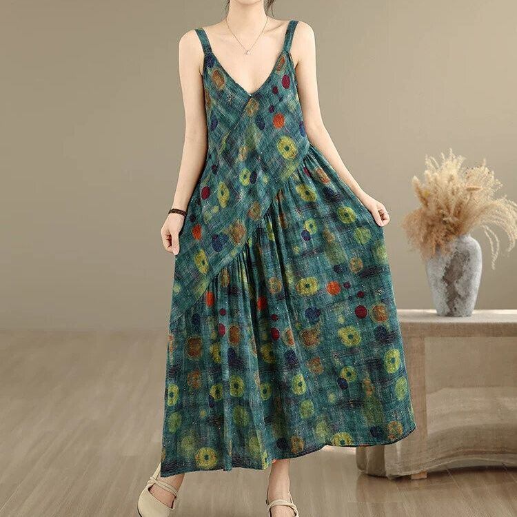 PRINT V-NECK A-LINE LONG STRAP DRESS 5colors M-16746