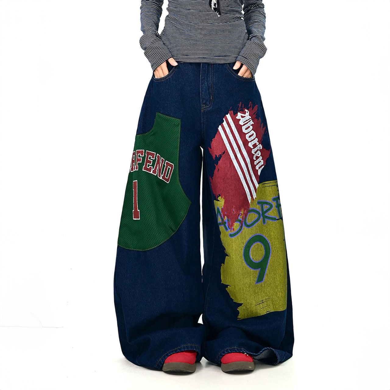 カラーブロックペイントデニムパンツ R01040