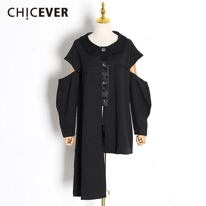 CHICEVERパッチワークアシンメトリーレディースジャケットラペルカラーランタン長袖ホローアウトルーズイレギュラー ロング 6base557474951658
