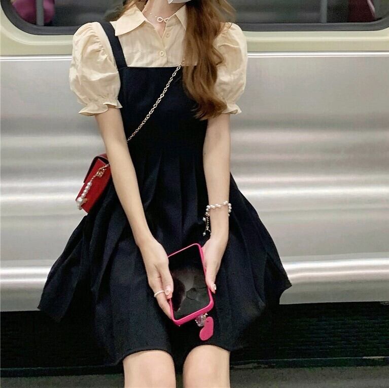 ワンピース レディース シャツ プリーツスカート ドッキングワンピース フェイクツーピース ミニ ミニ丈 半袖 パフスリーブ ハイウエスト かわいい 大人可愛い おしゃれ お洒落 お嬢様 キュート ガーリー 抜け感 送料無料 存在感 無地 学生 通学 デート お出かけ 女子会 休日 S M L 夏 10代 20代 韓国 韓国系 着回し 普段使い 重ね着 ファッション コーデ スタイル モテ トレンド 流行 インスタ映え