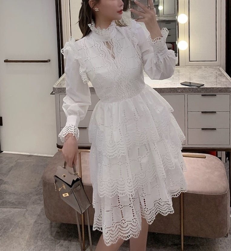 ☆ホワイト 白 ワンピース レース ドレス フリル スカート ブラウス