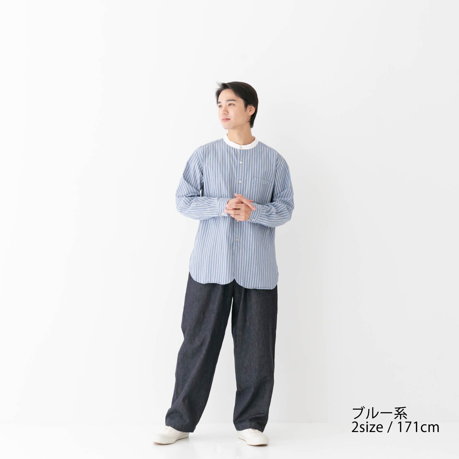 リネン RINEN 40/1オーガニックストライプ クレリックスタンドカラーシャツ(R37604)全2色