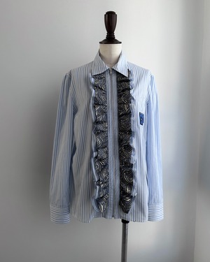 PRADA　STRIPED RUFFLE ZIP-UP SHIRT