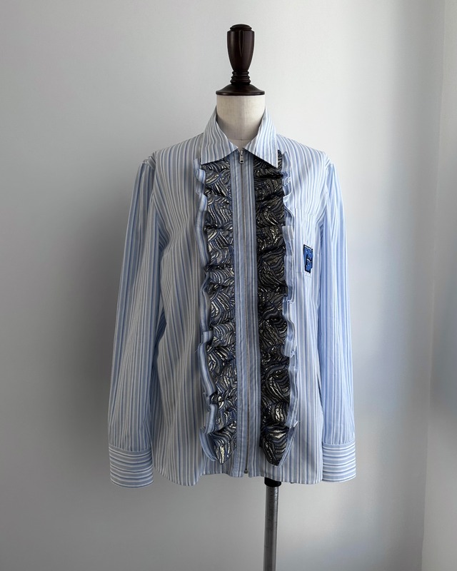 PRADA　STRIPED RUFFLE ZIP-UP SHIRT