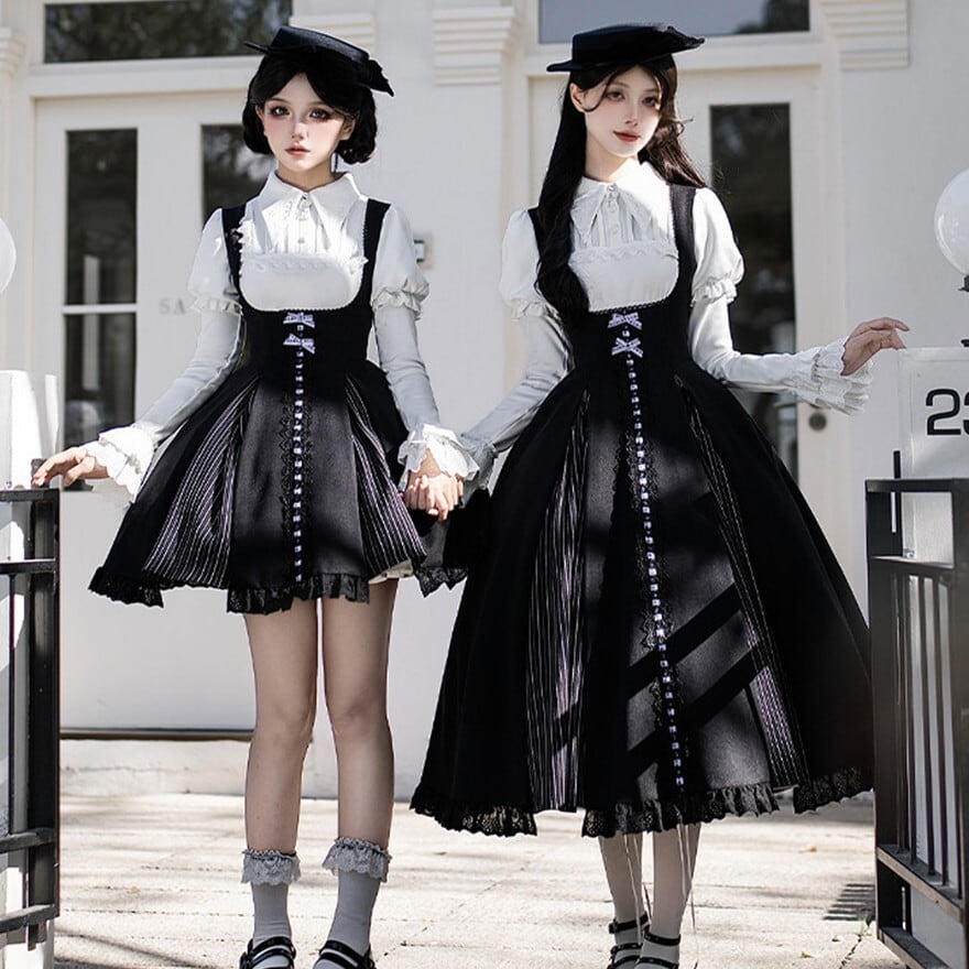 クラロリ5点セット ロングスカート 黒×白 編み上げロングJSK ブラウス