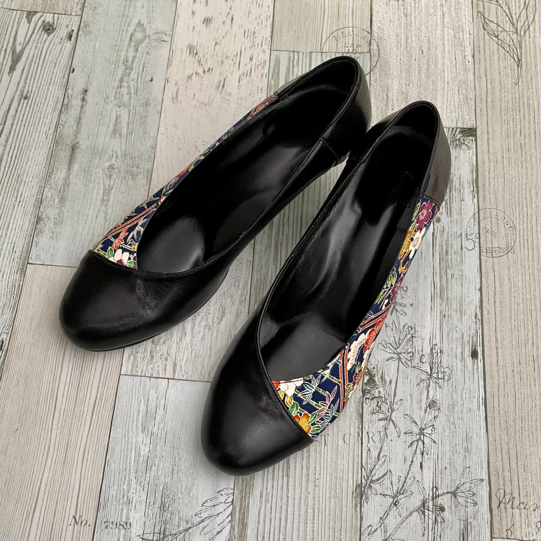 和ごころパンプス【本革黒✖️絹着物ちりめん】