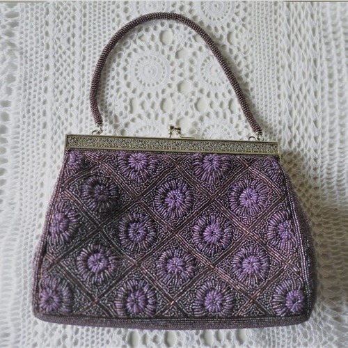 パープルビーズバッグ　ビーズ刺繍