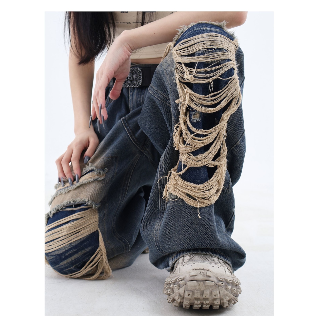 ストリート ウォッシュド リップド ジーンズ P147