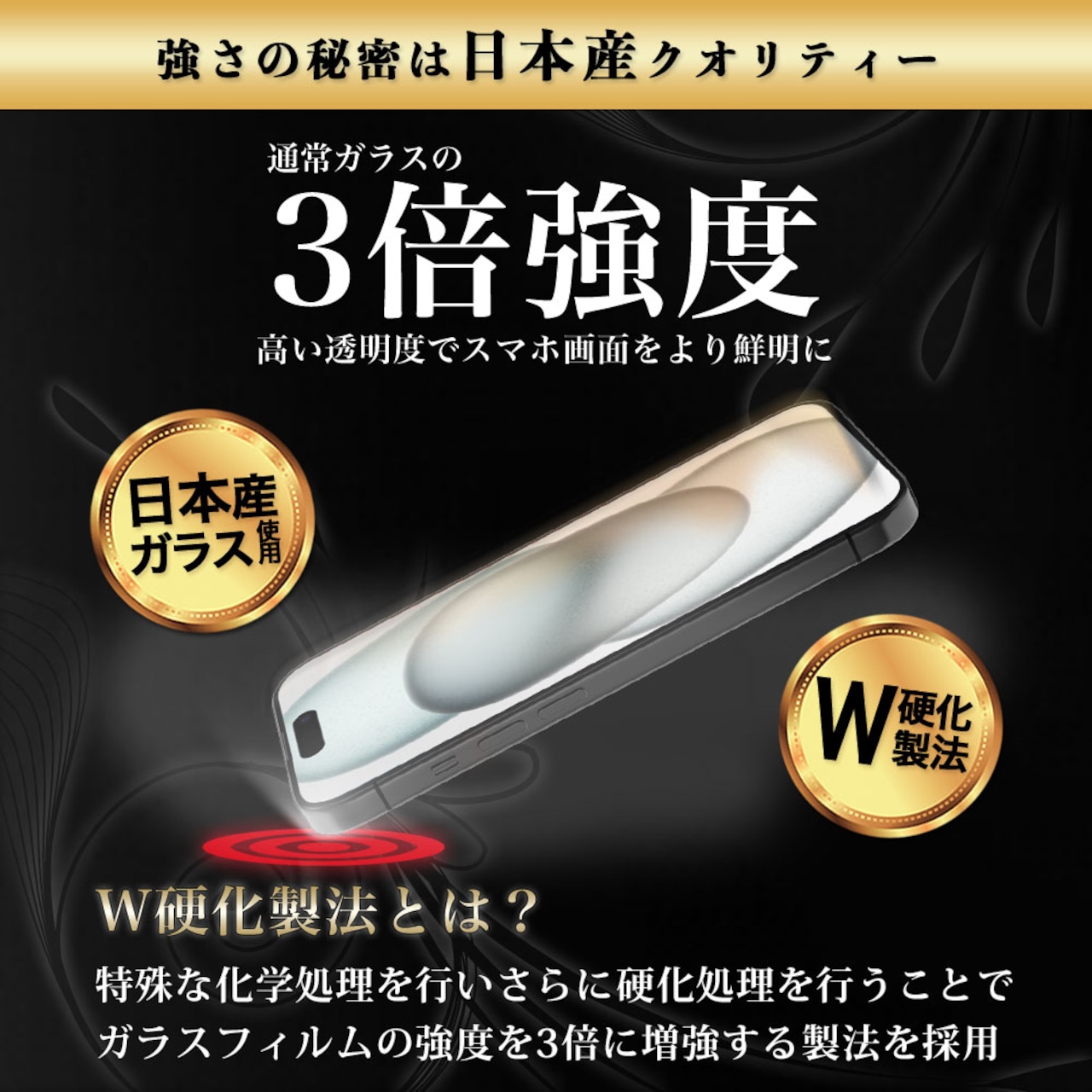 Hy+ iPhone15 フィルム ガラスフィルム W硬化製法 一般ガラスの3倍強度 全面保護 全面吸着 日本産ガラス使用 厚み0.33mm ブラック