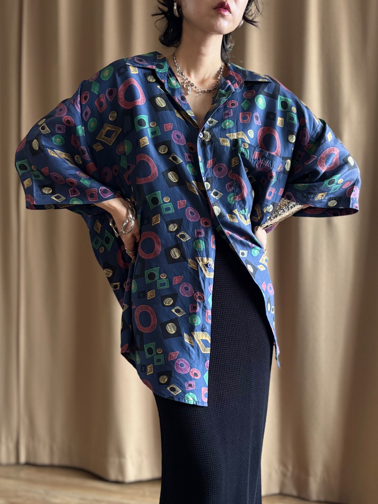 geometric pattern silk over size shirt-5286-7