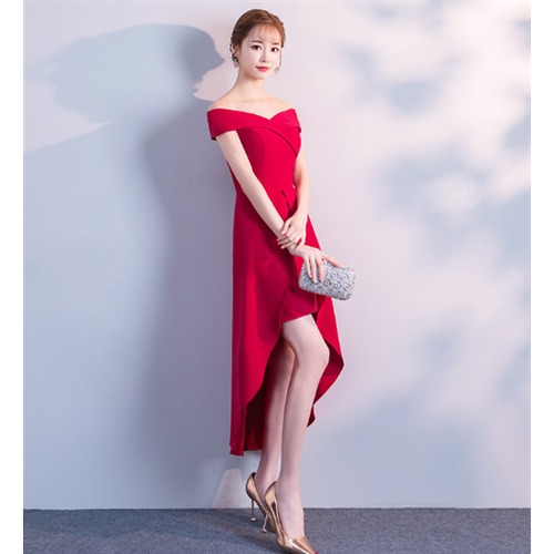 演奏会ドレス 結婚式ドレス エレガント ハイウエスト ミドル丈 お呼ばれ きれいめ フォーマル セレモニー Aラインスカート 個性的 アシンメトリー オフショルダー 上品 ミドル丈 イブニングドレス