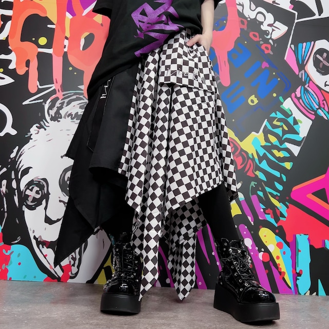 ベルト付きASYMMETRY TWO-TONE UNISEX SKIRT【BLOCK CHECKERED】