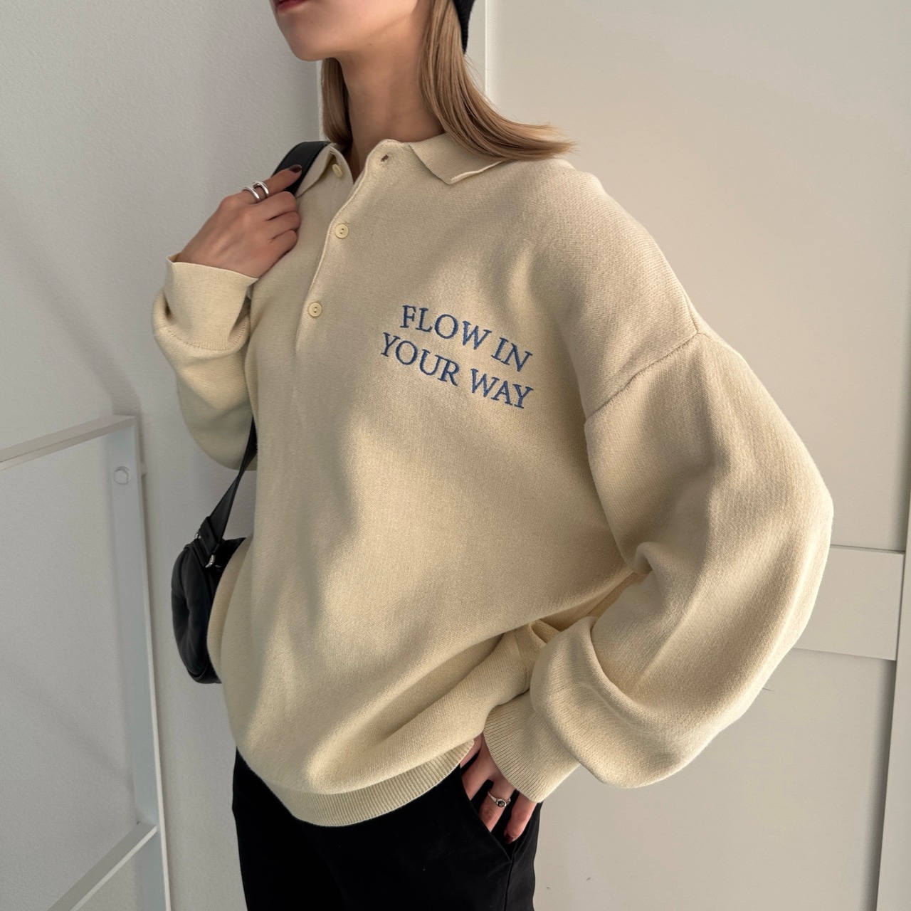 ロゴ刺繍ルーズシルエットポロknit/クリーム