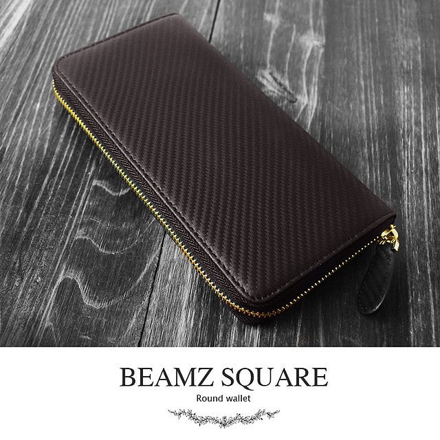 BEAMZSQUARE カーボンレザーラウンドファスナー長財布（ゴールド