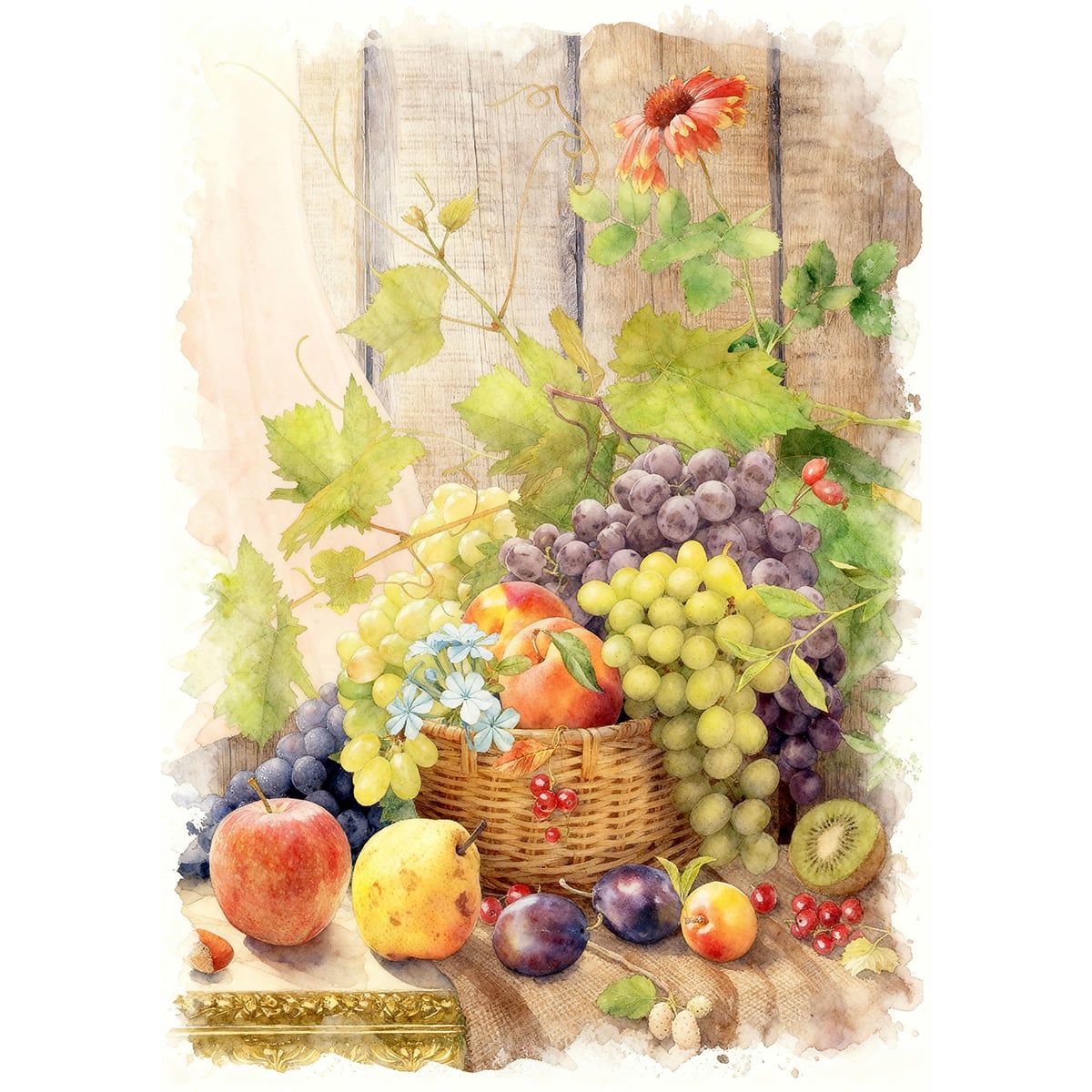 絵画 風景画 静物画 果物のある風景 インテリアアート額付き 水彩画風 WAT1773