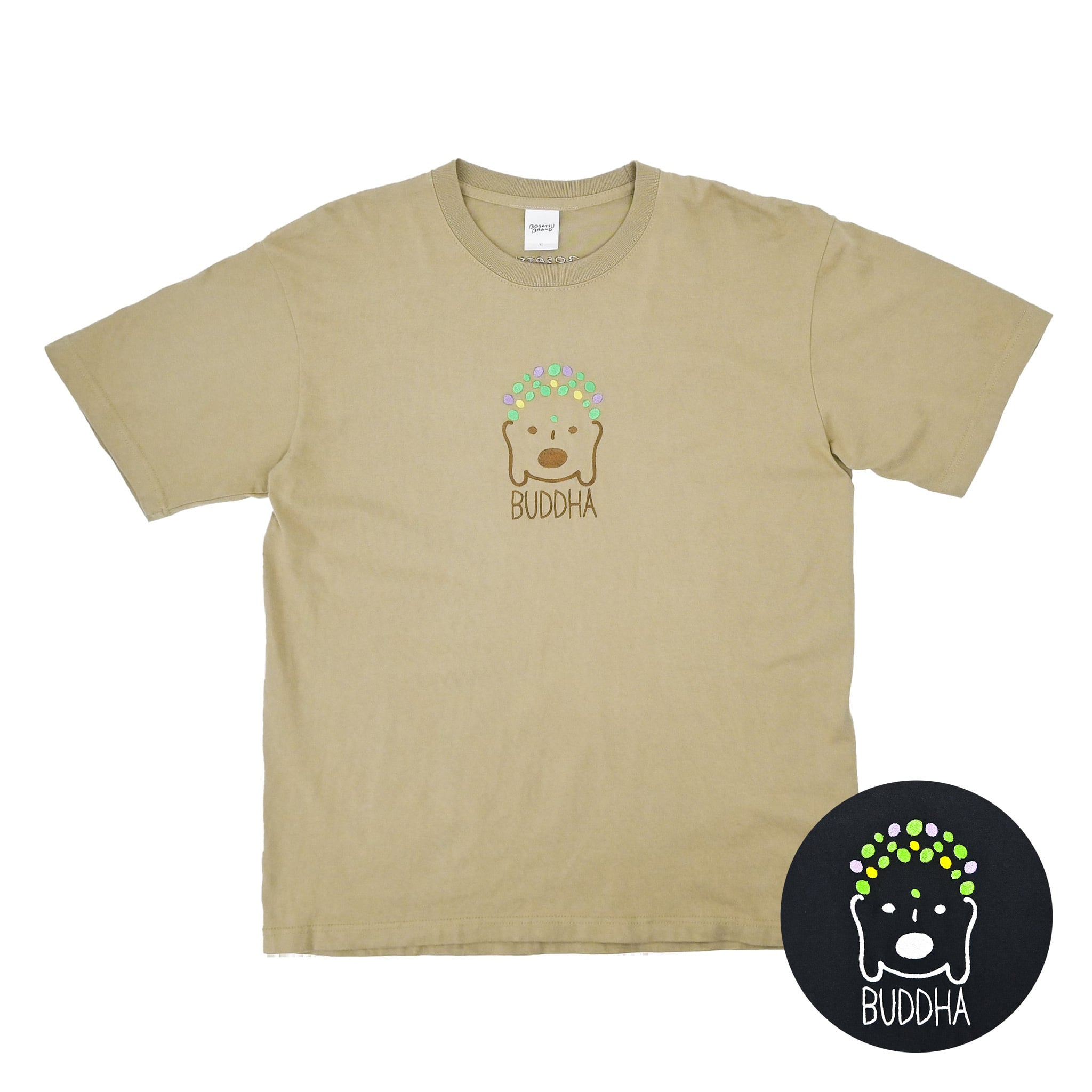 BUDDHA らほつ Tシャツ (刺繍) 6.2oz ブラック/サンドカーキ | BOSATSU