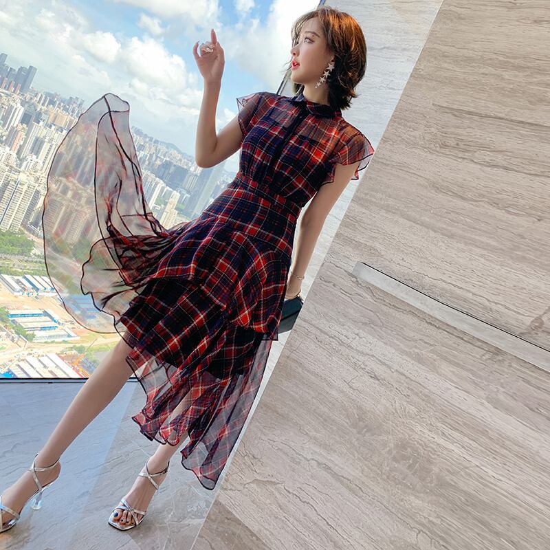 格子柄スリーブラッフルドレス サマー 夏物 MIUCO7163875950