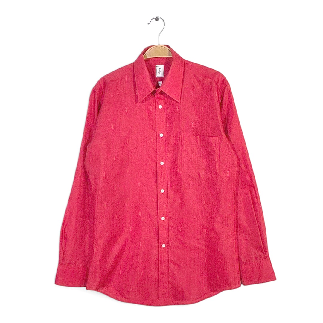 90s イヴサンローラン ロゴ入り総刺繍 ヴィンテージ ドレスシャツ YVES SAINT LAURENT サイズM相当 古着 CA1555