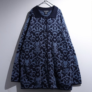 Navy Damask Pattern Design Knit Jacket