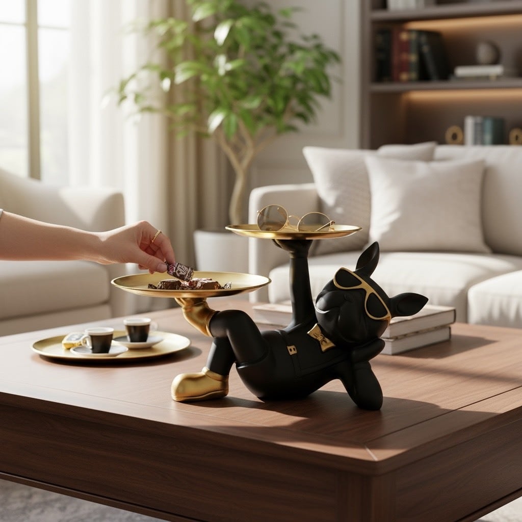 ブルドッグのトレイ 小物入れ 寝そべり 黒 ブラックサングラス