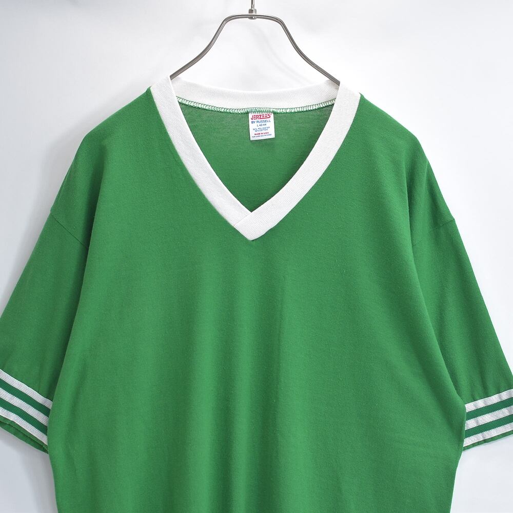 80s USA製 JERZEES ジャージーズ フットボールTシャツ Vネック 袖ライン 3連ストライプ 無地 アメカジ ストリート グリーン USED ヴィンテージ ビンテージ 古着 メンズ L 42-44