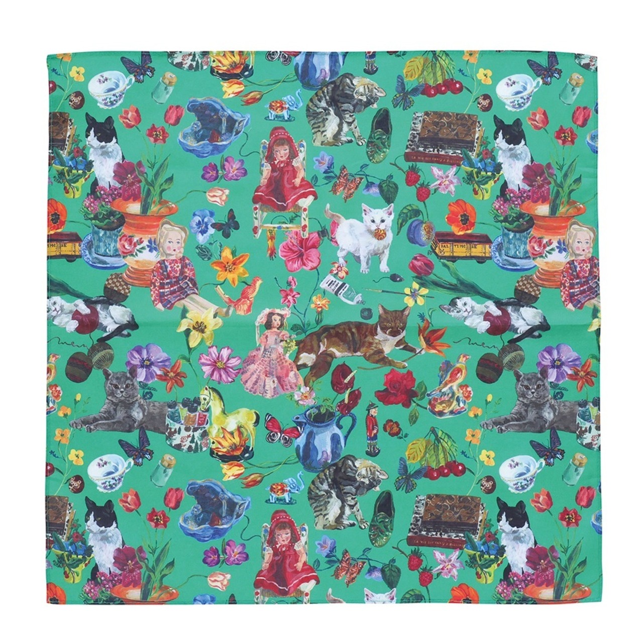 Nathalie Lete Handkerchief Cats　ナタリーレテ　ハンカチーフグリーン　キャッツ