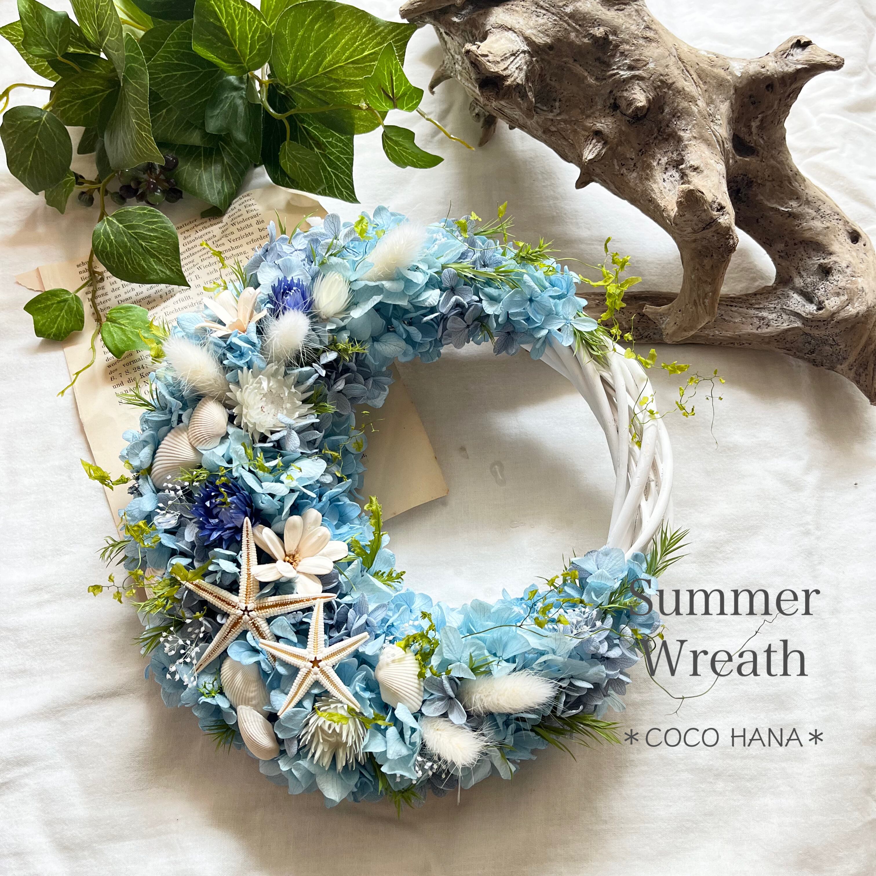 夏のアイスブルーデザイン　三日月リース　30cm 夏のアイスブルーデザイン三日月リース30cm