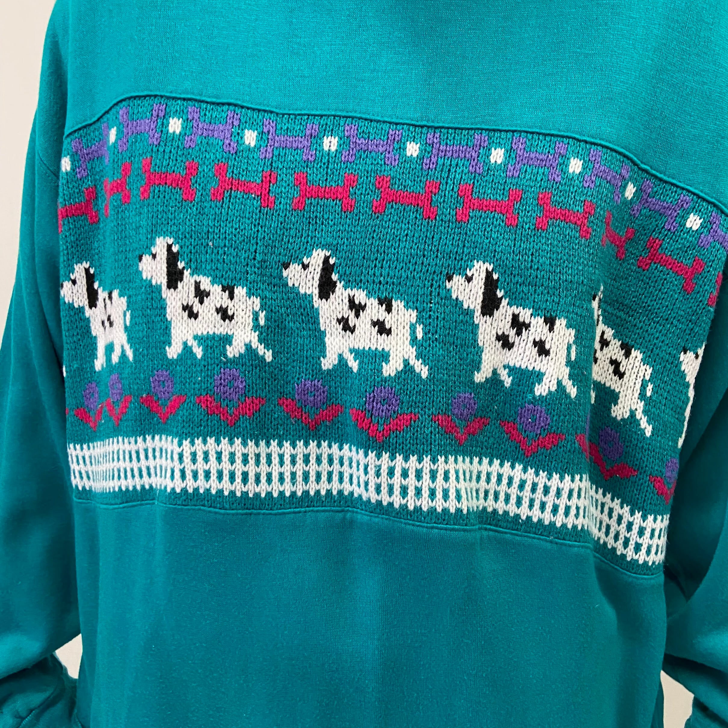 希少 90s 犬 スウェット レトロ グリーン 刺繍 vintage 古着 レア 90年代 ヴィンテージ EILEEN&CO ニット切替 犬 アニマル 襟付き