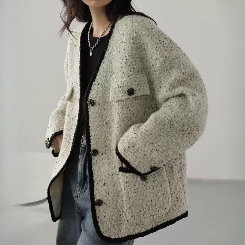 No collar tweed down jacket 2 colors V1766