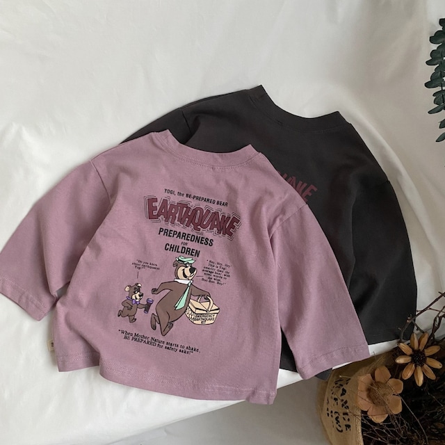 【80-130】秋くまプリントウォッシュ加工長袖Tシャツ キッズ 男女兼用