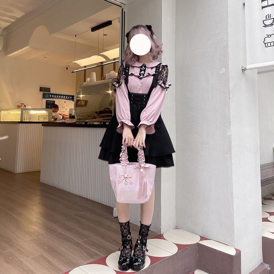 量産型ゴスロリ 肩出しフリルブラウス ピンク黒リボン 推し活参戦服