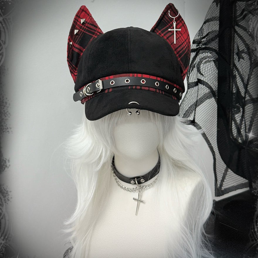 地雷系 キャップ 猫耳 チェック柄 十字架 推し活 ライブ 原宿