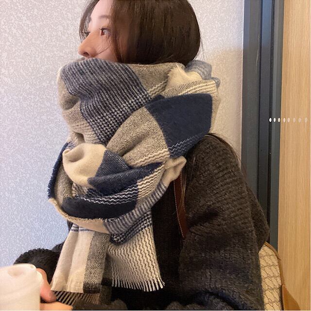 ストール マフラー レディース ショール チェック柄 秋冬 防寒 あたたかい おしゃれ かわいい 大人 大ぶり 大判 カジュアル ブルーグレー
