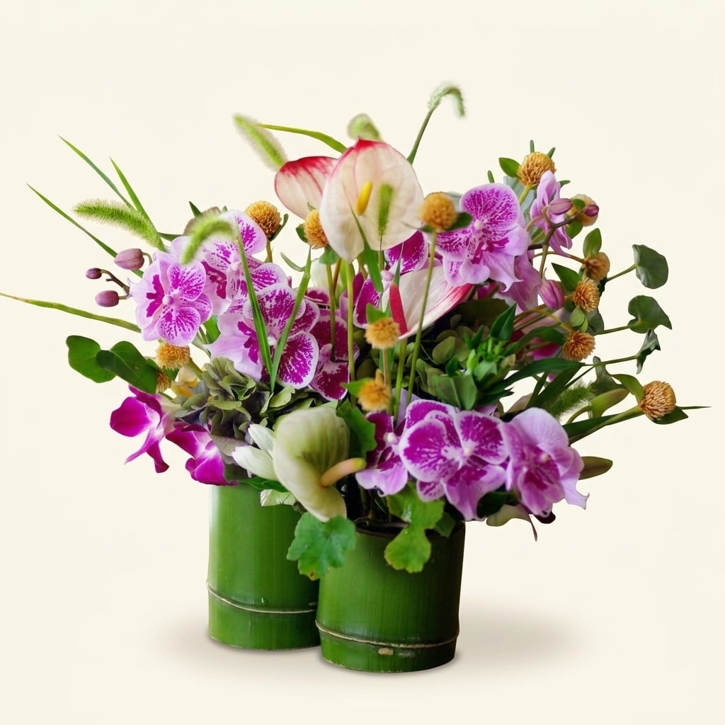 生花】三本竹の花器フラワーアレンジ｜胡蝶蘭×アンスリューム｜開店