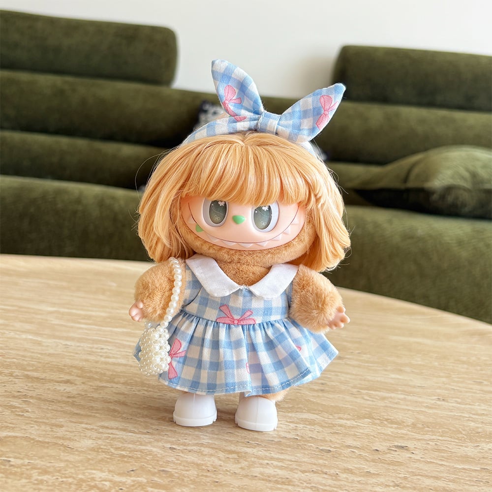 Labubu 1-3代対応 夏 チェックワンピース+ヘアアクセサリー+靴+バッグ