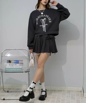 【2025年新作】レースリボン付き スウェット+ミニスカパン セットアップ チャコールグレー