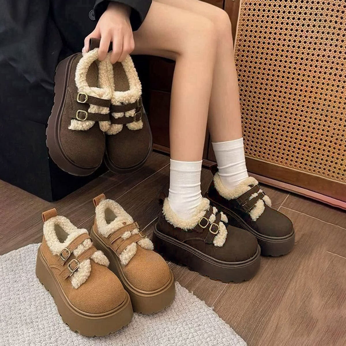 ダブルベルト ボアムートン シューズ レディース 秋冬 厚底 靴 韓国 おしゃれ きれいめ 大人 カジュアル 通勤 通学 防寒 保温 暖かい 軽量 歩きやすい 大人可愛い 大人女子