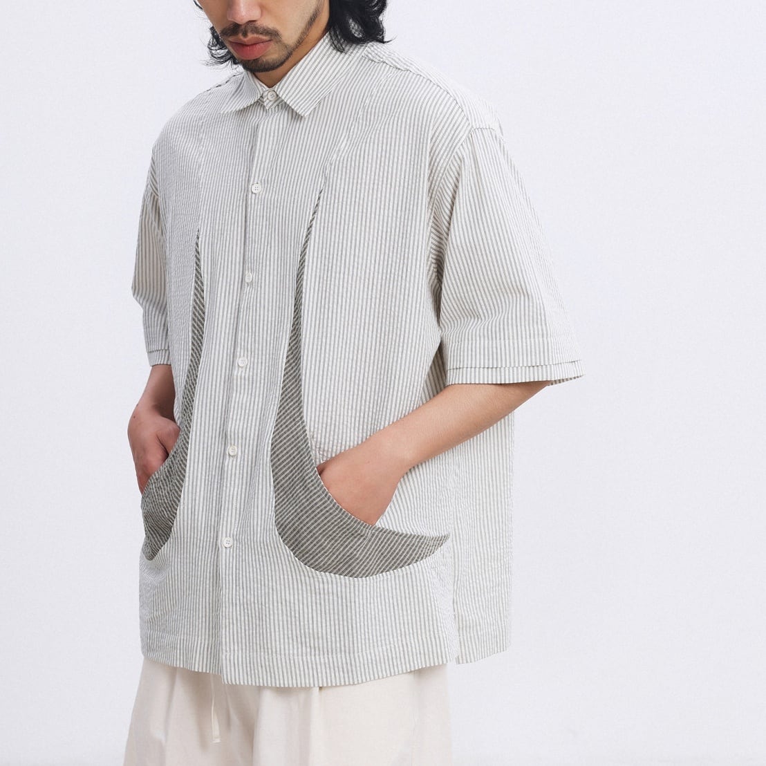 MoonPocket ストライプ ワイドフォルムシャツ a-1374