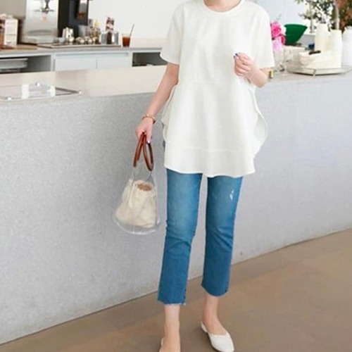 送料無料 春新作 レディース カットソー チュニック 半袖 ロング丈 Aライン シンプル 大きいサイズ フレンチスリーブ 韓国ファッション