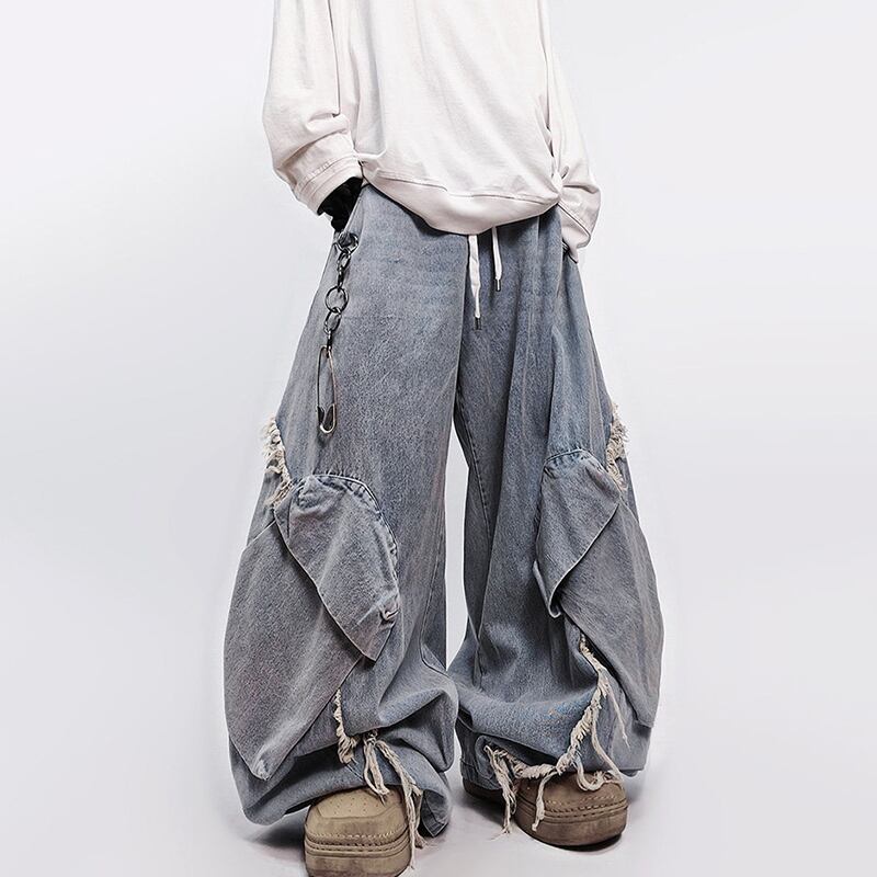 UUCSCCストリートスタイルダメージワイドデニムパンツ