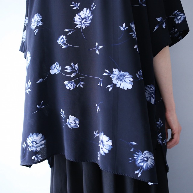 "花柄" black base blue flower pattern box silhouette open collar h/s shirt