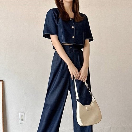 セットアップ レディース デニム 上下セット 半袖 ショート丈シャツ プルオーバー スクエアネック クロップド丈 ワイドパンツ ロングパンツ レトロ カジュアル ジーンズ パンツスーツ おしゃれ