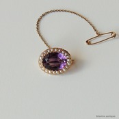 英国アンティークジュエリー 15ctゴールド 天然アメシスト 真珠 レースピン ブローチ（ソーティングメモ付）