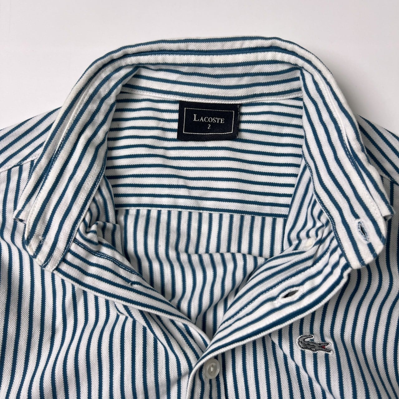 LACOSTE ラコステ ストライプ BD 長袖シャツ 2/ブルーグリーン ホワイト/銀ワニ