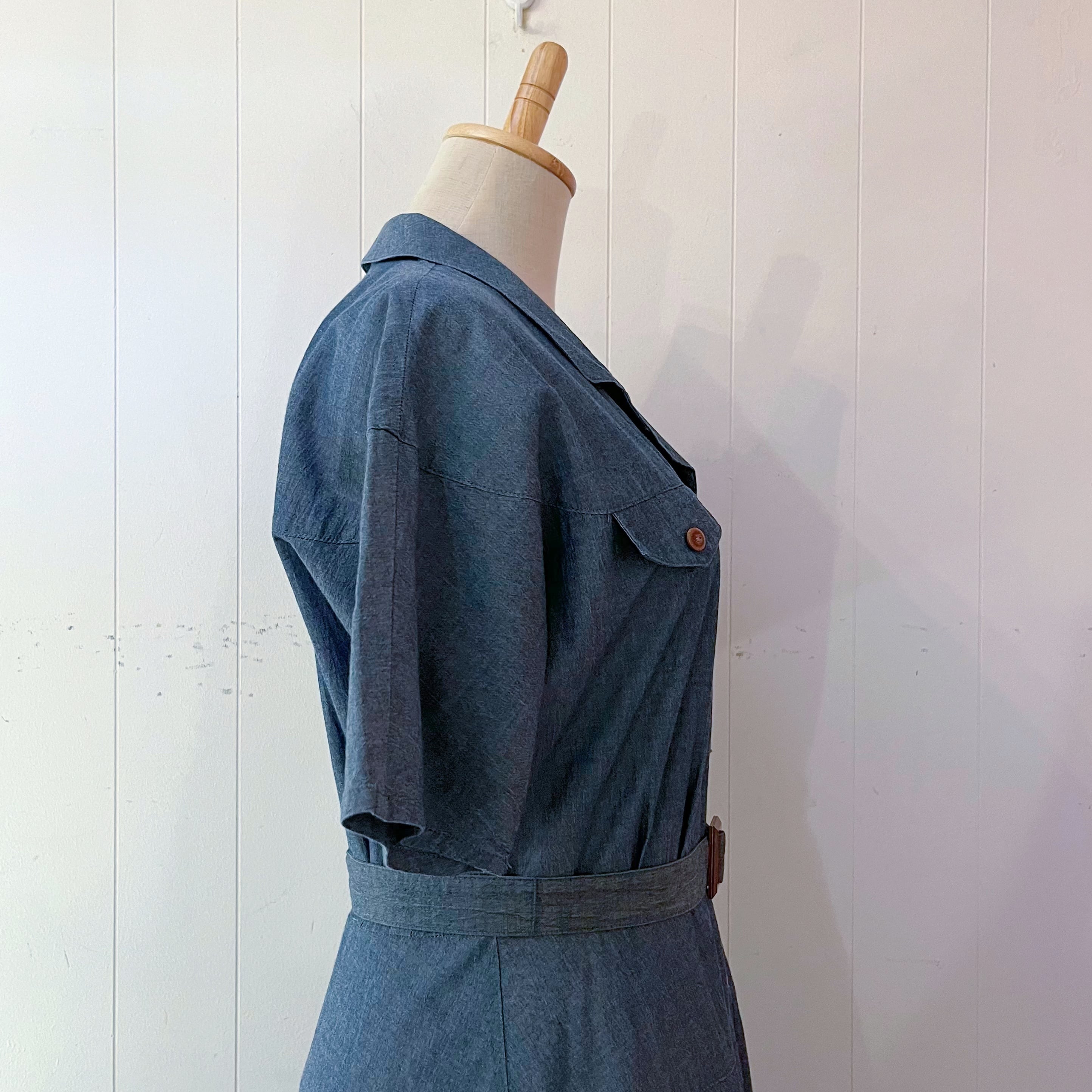 chambray open collar one-piece