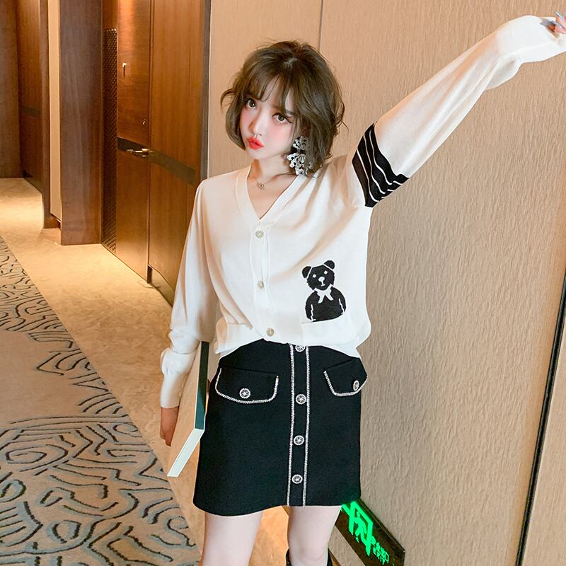 ニットカーディガンハイウェストウェストAラインスカート オータム 秋物 MIUCO52173341366