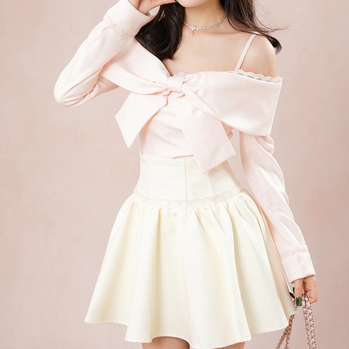 【2点セット】ビッグリボンオフショルトップス＋ハイウエストミニスカ ・72687