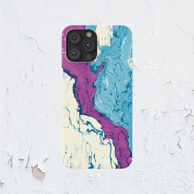 受注生産 iPhoneケース 水色と紫の流線マーブル｜紙マーブリング MARB016B