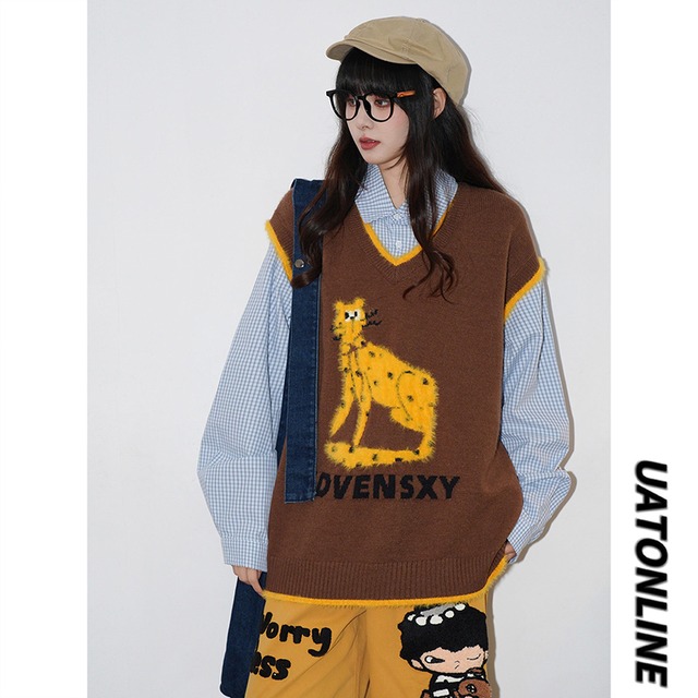 【UATONLINEシリーズ】★POLOシャツ★ 2color トップス 長袖 ユニセックス メンズ フェイクレイヤード ニット 猫 猫柄