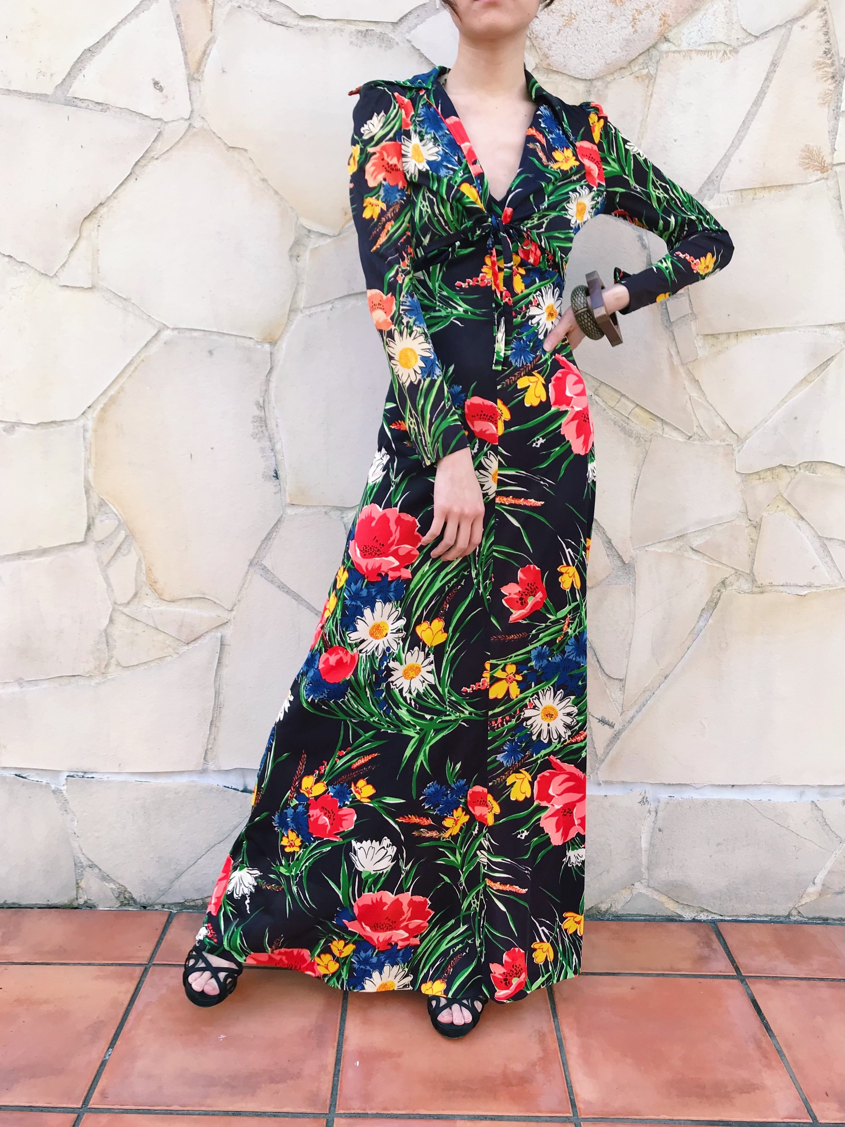 70s black × multicolor floral dress & Bolero ( ヴィンテージ ...